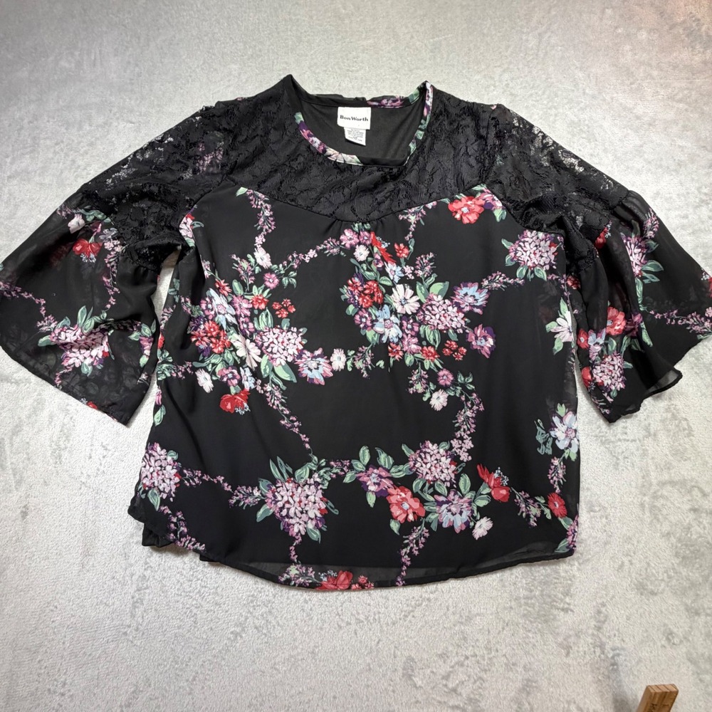 BonWorth Floral Lace Bell Sleeve Blouse Black MP‎ Whimsygoth Boho Dark Romantic